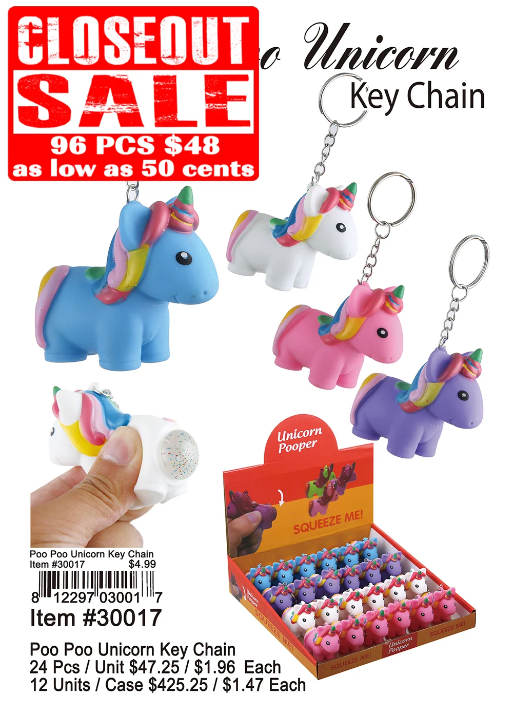 Poopoo Unicorn Keychain - Closeout 96 Pcs.